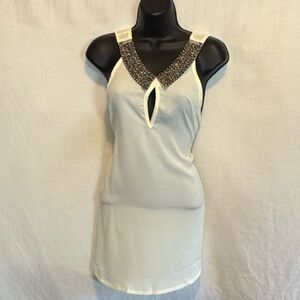 E-108 Xtaren Cream Beaded Collar Cross back Sleeveless Summer Blouse Size S